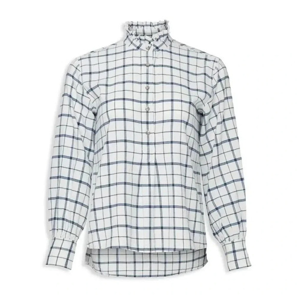 Lavie Rebecca Taylor Top Womens Size XS White Navy Windowpane 100% Cotton Slit - Picture 3 of 14